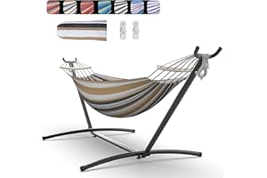 Everyfun Double Hammock with Space-Saving Steel Stand, 2 Person Heavy-Duty Hammock for Garden, Yard or Outdoor, 600lbs Capacity, Coffee