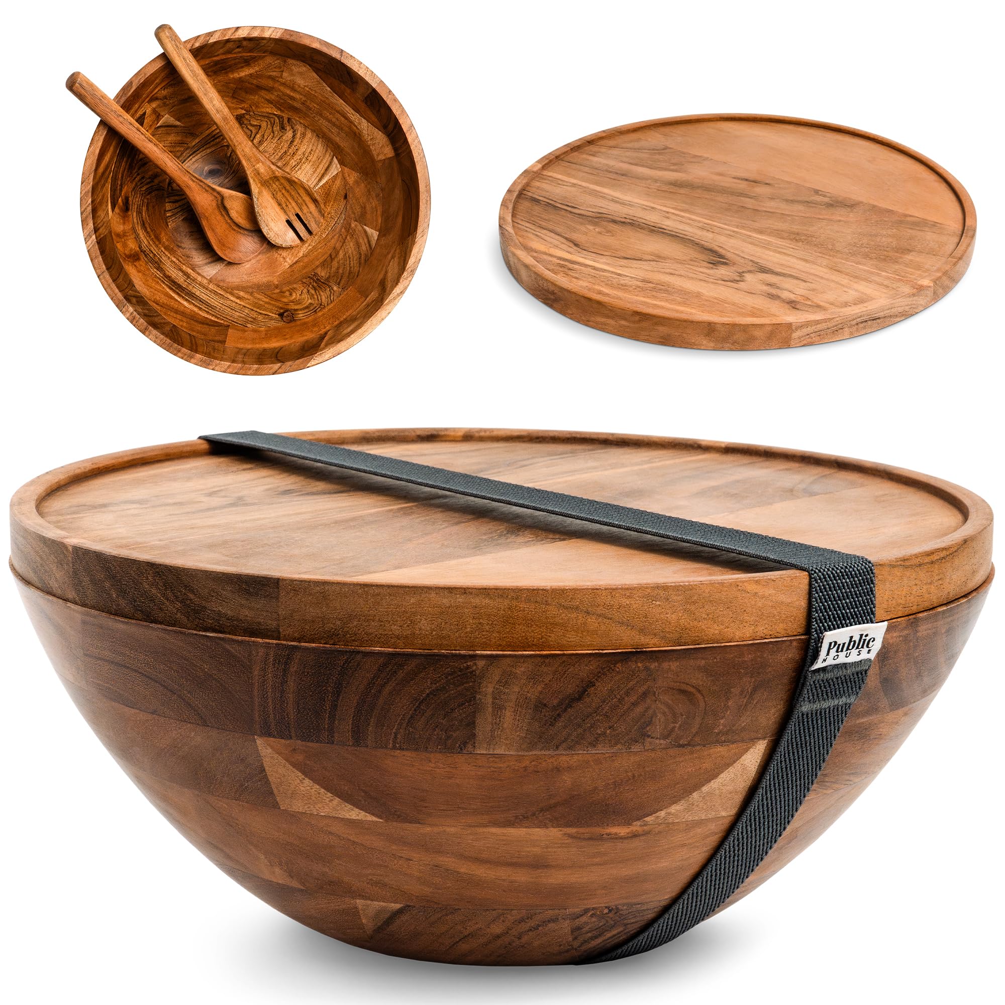 View 1 of **cracked bowl***Public House Large Wooden Salad Bowl Set 12.5 Inch with Serving Utensils, Tray Lid and Carry Strap. Acacia Wood Large Salad Bowls Ideal for Fruits and Dishes, Wooden Bowls for Food, Serving Bowl