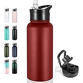 VEGOND 32 oz Insulated Water Bottle Stainless Steel Metal Water Bottles with Leak Proof Straw Lid & Spout Lid, Wide Mouth Double Walled Vacuum Travel Sports Bottle, Red