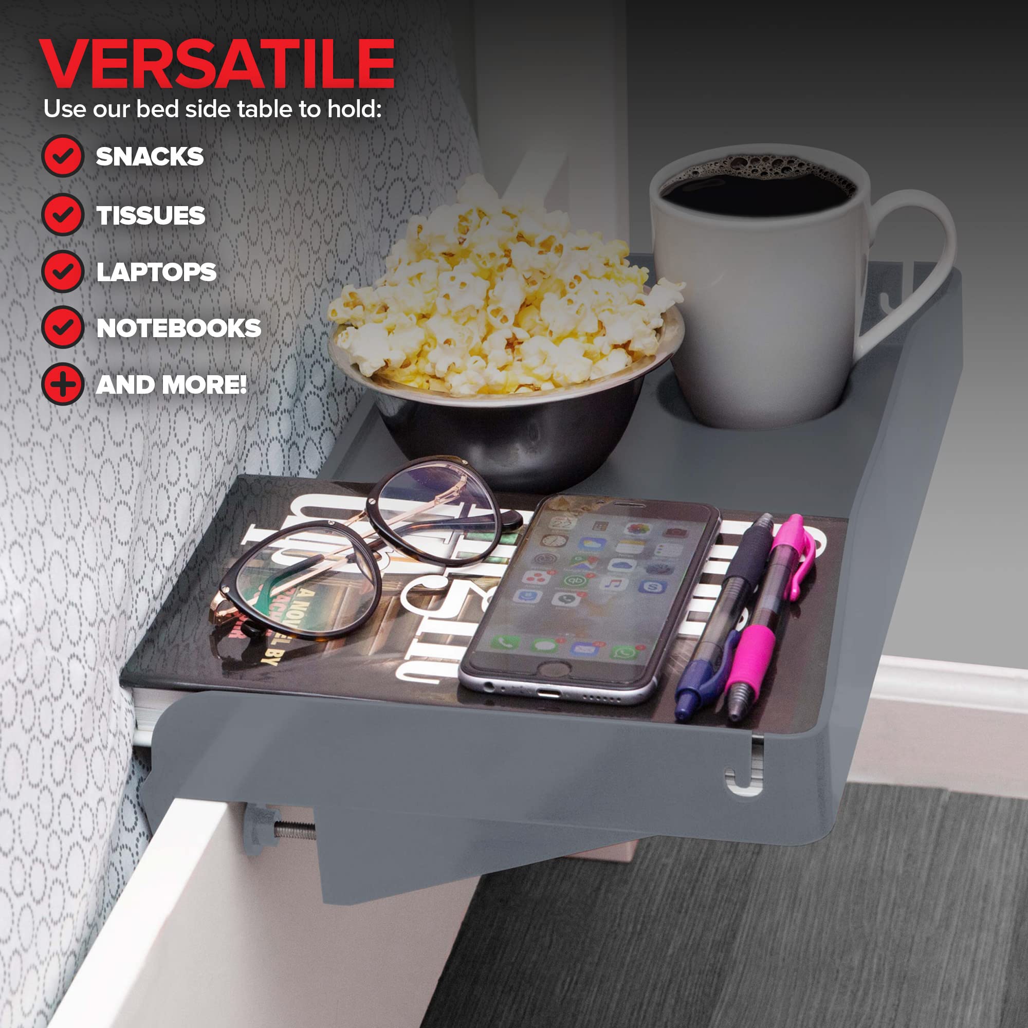 Modern Innovations Bedside Shelf for Bed, College Dorm Room, Bunk Bed Shelf for Top Bunk, Clip On Nightstand Tray with Cord and Cup Holder, Bunkbed Caddy for Table Storage (Dark Gray)