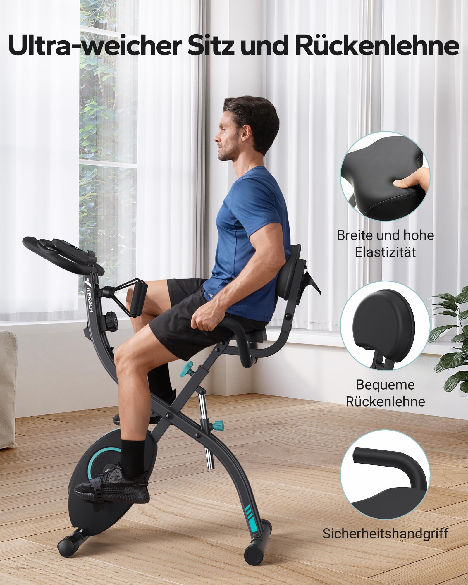 MERACH 4-in-1 Heimtrainer Klappbar, Hometrainer Fahrrad mit LCD Monitor und Handpulsmessung, Magnetisches Ergometer Fitnessbikes mit Bequemem Sitzkissen, 16-Stufiger Magnetwiderstand, Platzsparend 9