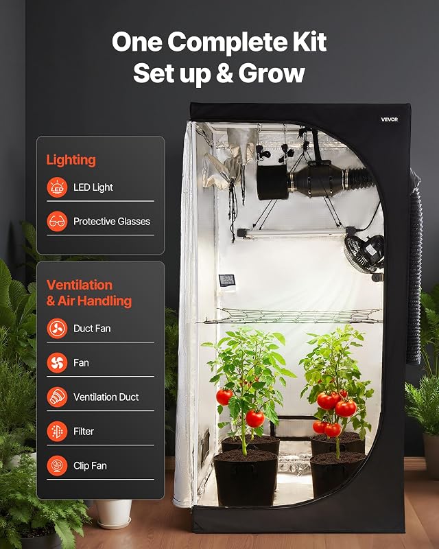 Armario de Cultivo Interior 100x100x200 cm, Carpa de Cultivo con luz LED de Espectro Completo y Sistema de Ventilación, Mylar 600D de Alta Reflectancia, Tienda para Plantas, Flores, Verduras