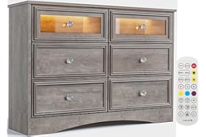 LGHM Modern 6 Drawer Dresser with Strip Lights, Dressers for Bedroom, Chest of Drawers Closet Organizers and Storage Clothes - Easy Pulls Handle, Textured Borders Living Room, Hallway, Gray