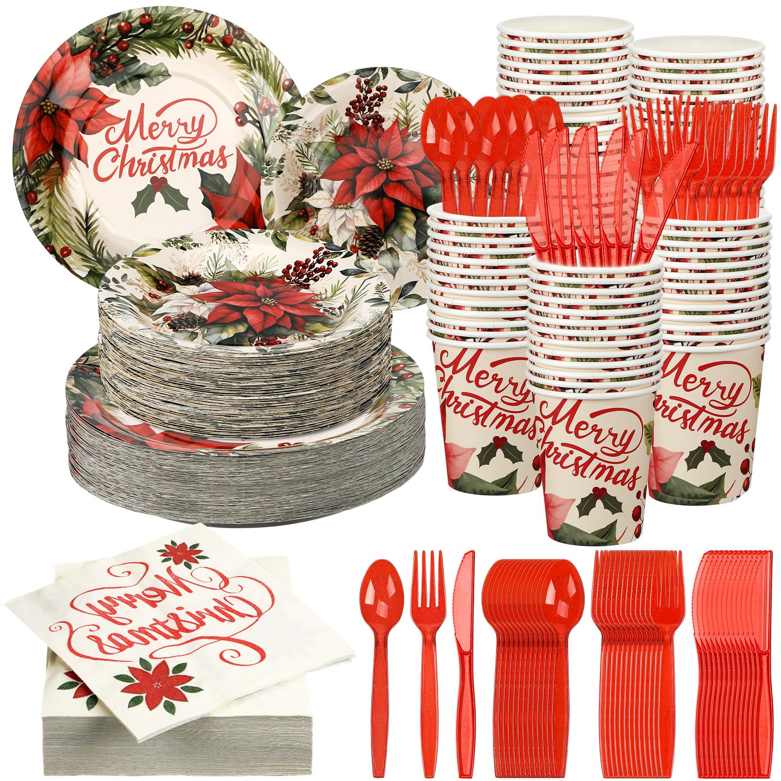Photo 1 of Umigy 400 Pcs Christmas Disposable Dinnerware Set for 50 Guests Poinsettia Flower Paper Plates and Napkins Cups Plastic Forks Knives Spoons Set, Xmas Party Supplies Holiday Birthday Dinner Tableware