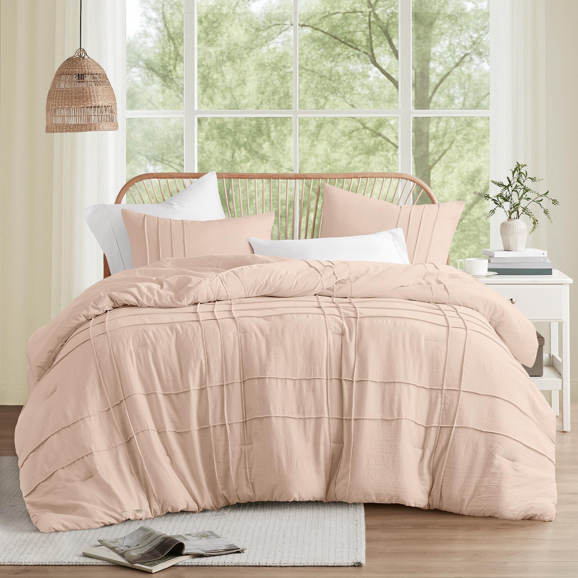 Comfort Spaces Blush Cal King Size Comforter Set – 3 Pieces Pintuck Pleated Bedding Sets, All Season Lightweight, Extra Softness Pre-Washed Microfiber Cal King Bed Set, Shams, Cal King