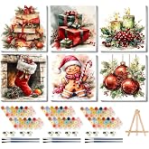 Canrichshop 6 Pack Christmas Paint by Numbers Kit for Adults with Frame | ,Retro Paint by Number Kits with Wooden Easel,DIY Flowers Acrylic Oil Painting Number Kits for Decor 8x8 inch