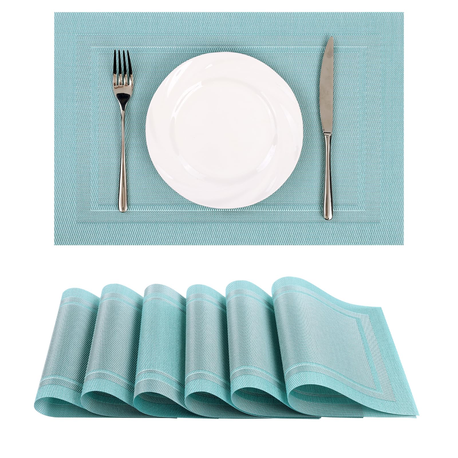 Photo 1 of SHACOS Woven Vinyl Placemats Set of 6 Wipe Clean Place Mats for Dining Table Heat Resistant PVC Weave Table Mats Indoor Outdoor (6, Frame Light Turquoise)