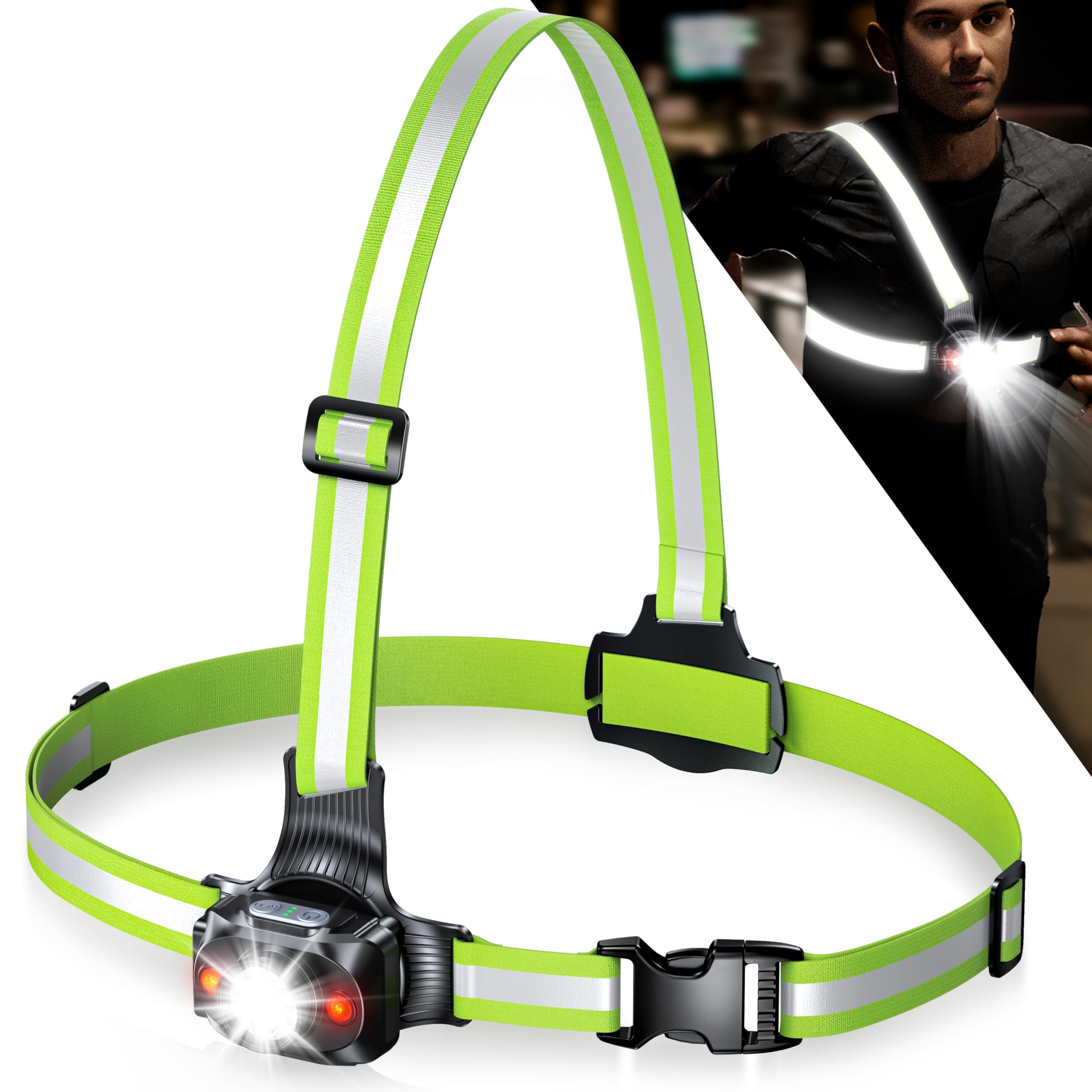 ISEYOU Running Lights for Runners, 500 Lumens 45° Adjustable Running Light with 360° Reflective Straps, IPX4 Waterproof Rechargeable Chest Running Light Vest for Night Running Hiking, 4-16h Use Time