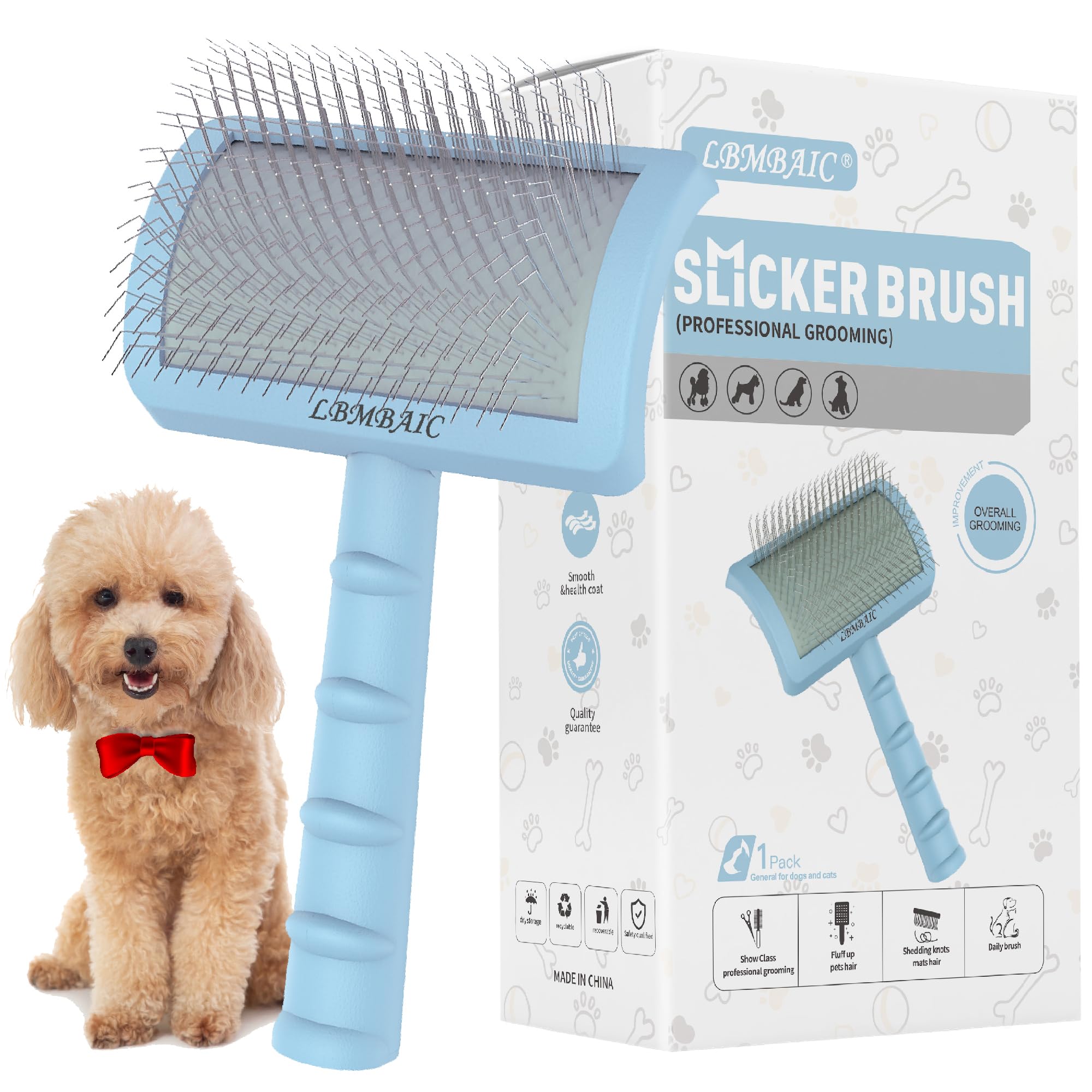 Photo 1 of LBMBAIC Slicker Brush for Poodles and Goldendoodles - Curved Brush for Thick, Fluffy, Shedding Fur on Dogs and Cats - Soft, Gentle Pins for Grooming (Blue)