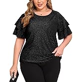 ZOMVA Women's Plus Size Sparkly Top Glitter Blouse Short Ruffle Sleeves Dressy Shirt Elegant Party