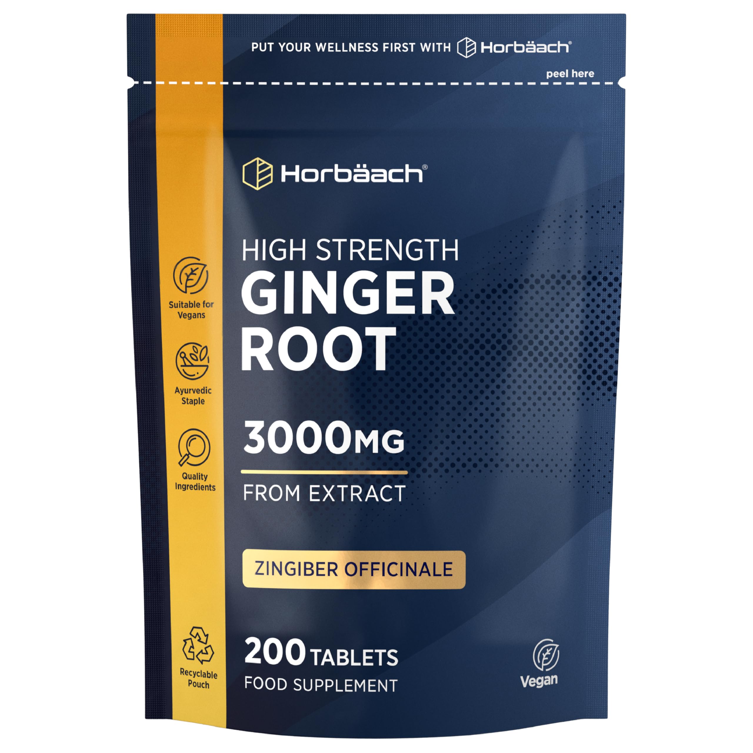 Ginger Root Tablets 3000mg | High Strength Zingiber Officinale Extract | Letterbox-Friendly & 100% Recyclable Pouch | 200 Vegan Tablets | by Horbaach