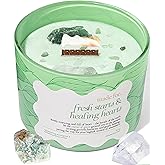 Green Crystal Candle for Women - Spring Season Candle Decorations for Home. 12oz Large Wood Wick with Soy Wax. Luxurious Slow Burn for Meditation with Real Crystals and Healing Stones