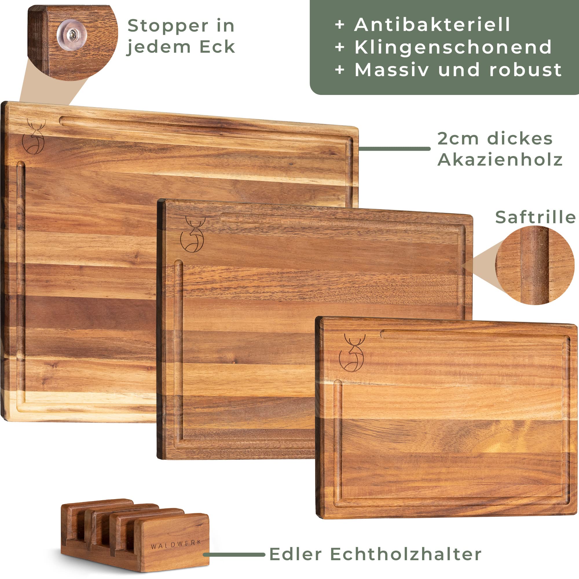 WALDWERK Schneidebrett 3er Set (40x30 / 33x24 / 26x18cm) aus massiver Akazie - Schneidebretter mit Brettständer - 2cm dicke Holzbretter mit Saftrille - Design Schneidebrett Set 6