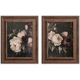 2pcs Vintage Peonies Flower Canvas Wall Art Classical Dark Pink Peonies Pictures Wall Decor Retro Moody Floral Botanical Still Life Posters Prints for Living Room Bedroom Room Home Decoration