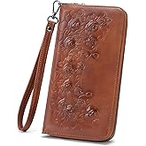 MEITRUE Womens Wallet Large Capacity Phone Clutch Purse RFID Floral Embossed Vegan Leather Travel Wallet with Wristlet Brown