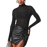 AISEW Womens Mesh Sheer Long Sleeve Glitter Tops Sexy See Through Sparkly Shirts Turtleneck Layering Top Shirt