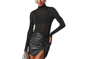 AISEW Womens Mesh Sheer Long Sleeve Glitter Tops Sexy See Through Sparkly Shirts Turtleneck Layering Top Shirt