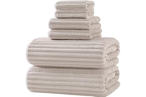 XIQ 39x79 Inches Bath Sheets Set Extra Large Bath Towels for Adults Luxury Super Soft Absorbent Striped with Hanging Loop Microfiber Shower Towels for Bathroom(Beige, 6PCS)