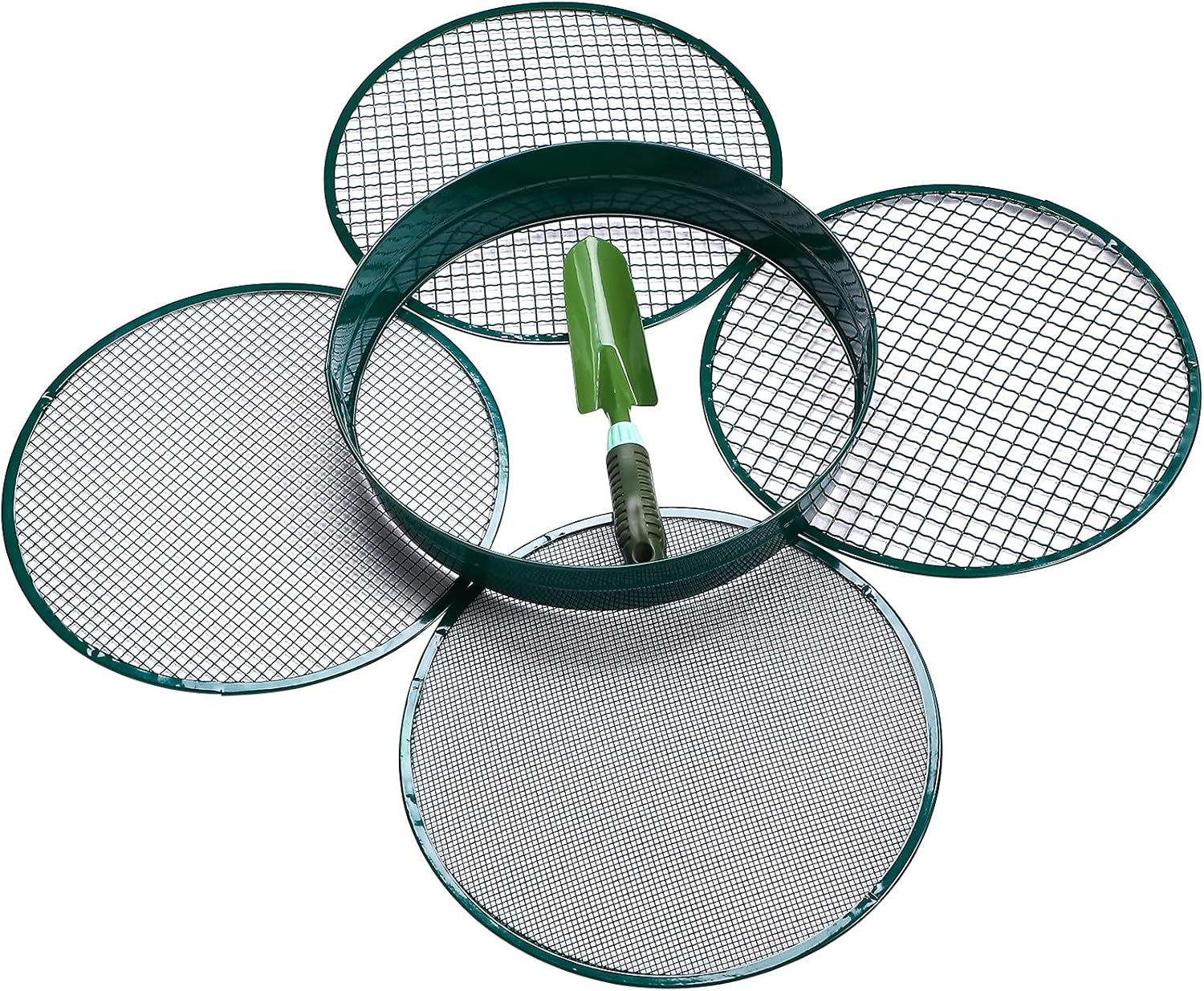 Garden Riddle Sieve Mesh Garden Mini Metal Stackable Sifting Pan Soil Sand Sieve with 4 Pieces Interchangeable Filter Mesh Sizes 1/2, 1/4, 3/8, 1/8 Inch and Hand Trowel for Garden Soil Supplies