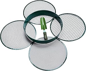 Garden Riddle Sieve Mesh Garden Mini Metal Stackable Sifting Pan Soil Sand Sieve with 4 Pieces Interchangeable Filter Mesh Sizes 1/2, 1/4, 3/8, 1/8 Inch and Hand Trowel for Garden Soil Supplies