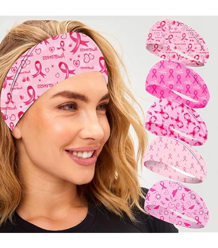 Women Headbands Pink Ribbon Elastic Wide Sports Hair Accessories Set of 5 Amazon.com : Breast Cancer Awareness Stretchy Headband for  main image 2