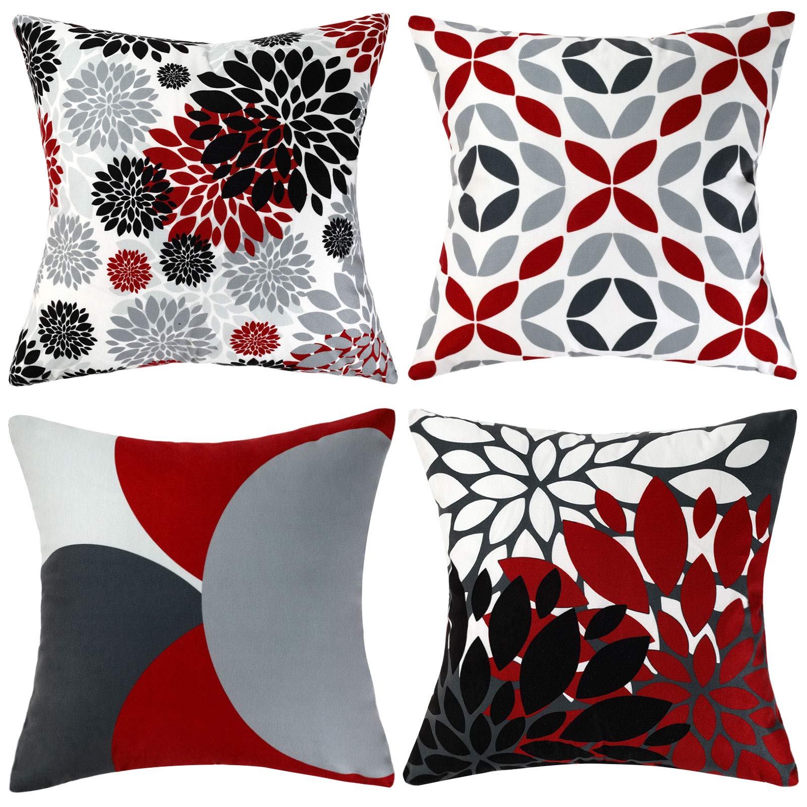 Hanrunsi Grey Cushion Covers Red Cushion Outdoors Black and White Velvet Decorative Throw Pillows Cover 45x45cm Square Pillowcase for Sofa Living Room Bedroom 18x18 inch 4 Pack