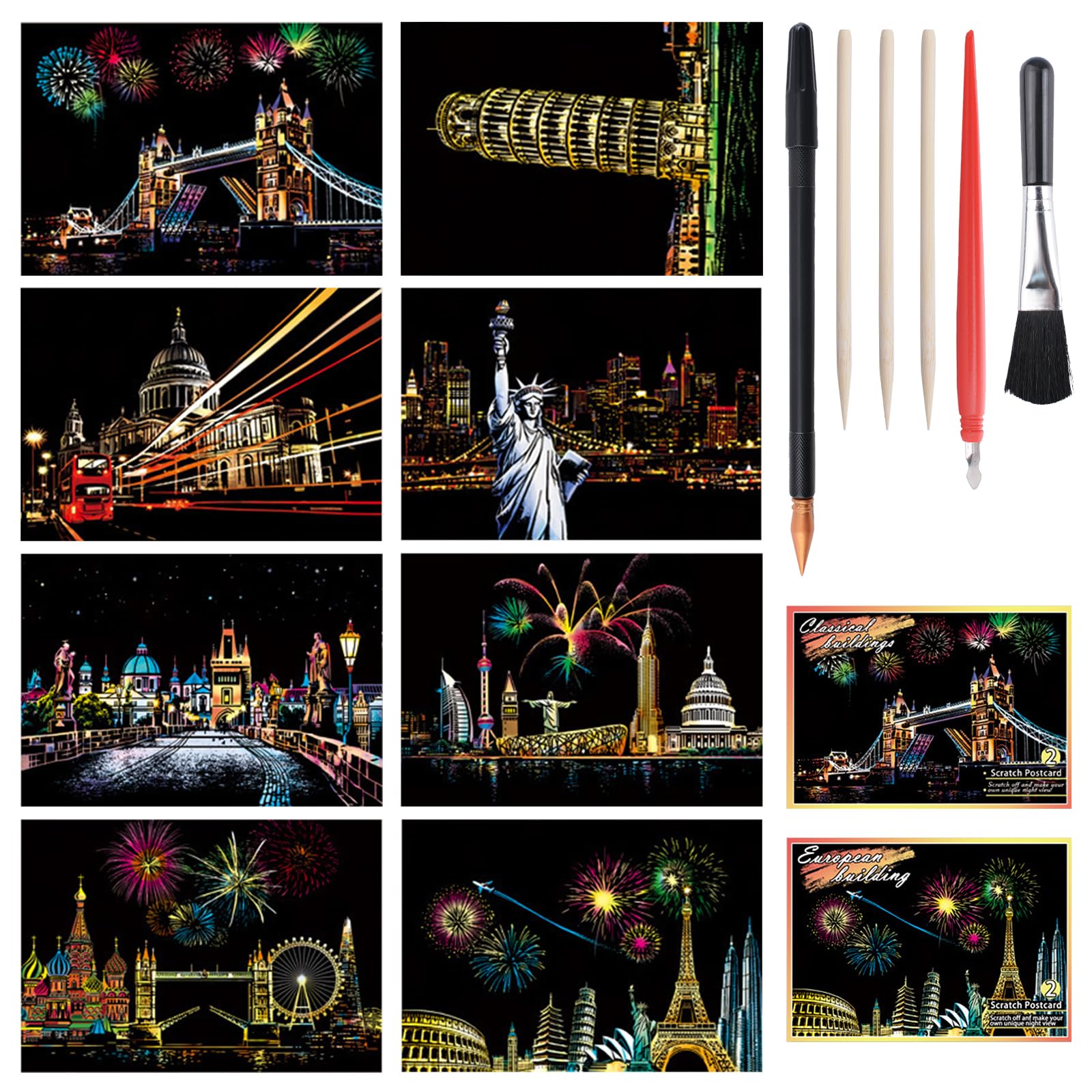 URROMA 8pcs Scratch Painting Rainbow Paper Set Rainbow Painting Scratch Off Doodle Paper Scratch Paper Arts Kits with Tools Landscape Scratchboard