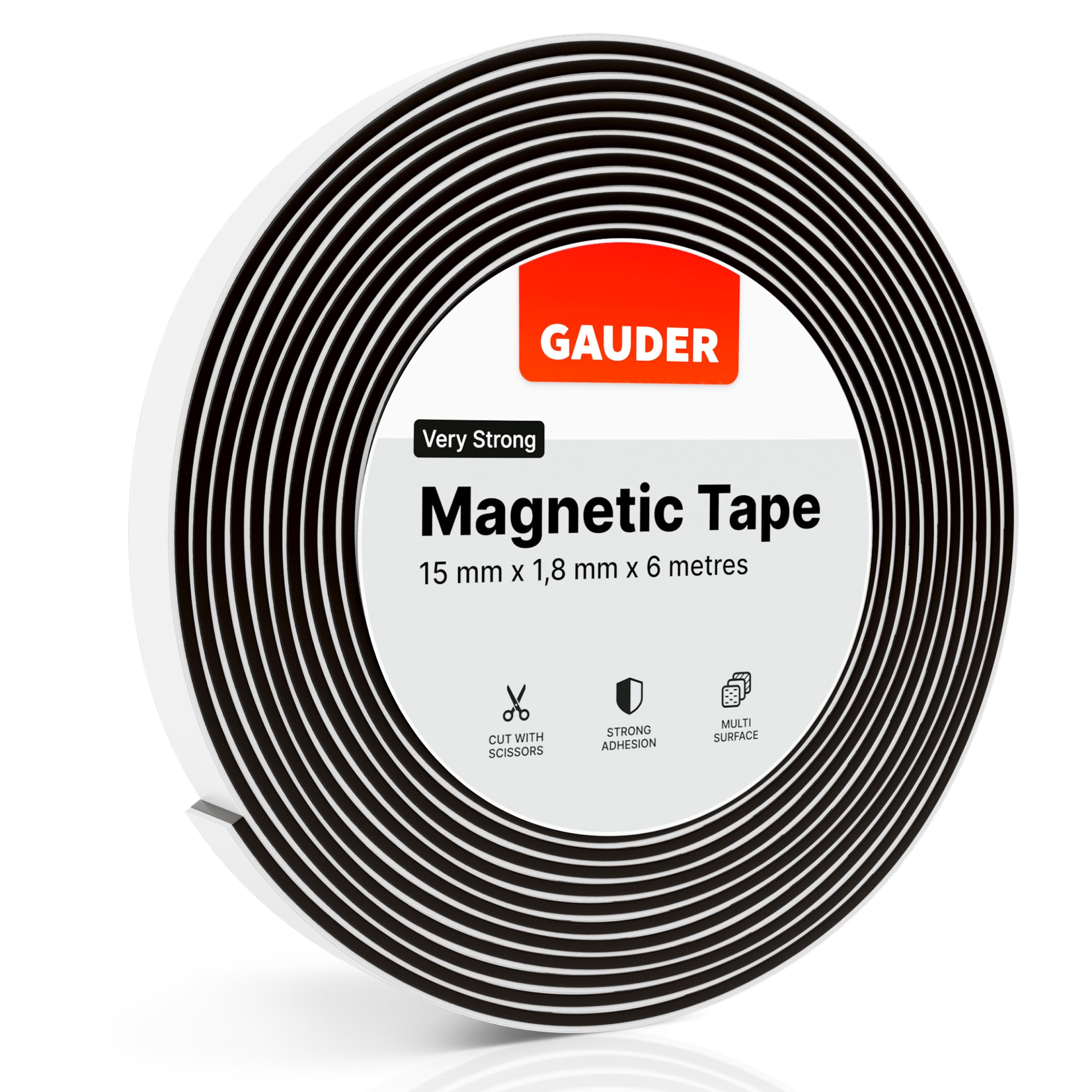 GAUDER Self-Adhesive Magnetic Tape Strong - Foam Adhesive Magnetic Strips for Uneven Surfaces - High Strength Magnet Roll with Enhanced Adhesion and Optimized Force (6 m x 15 mm)