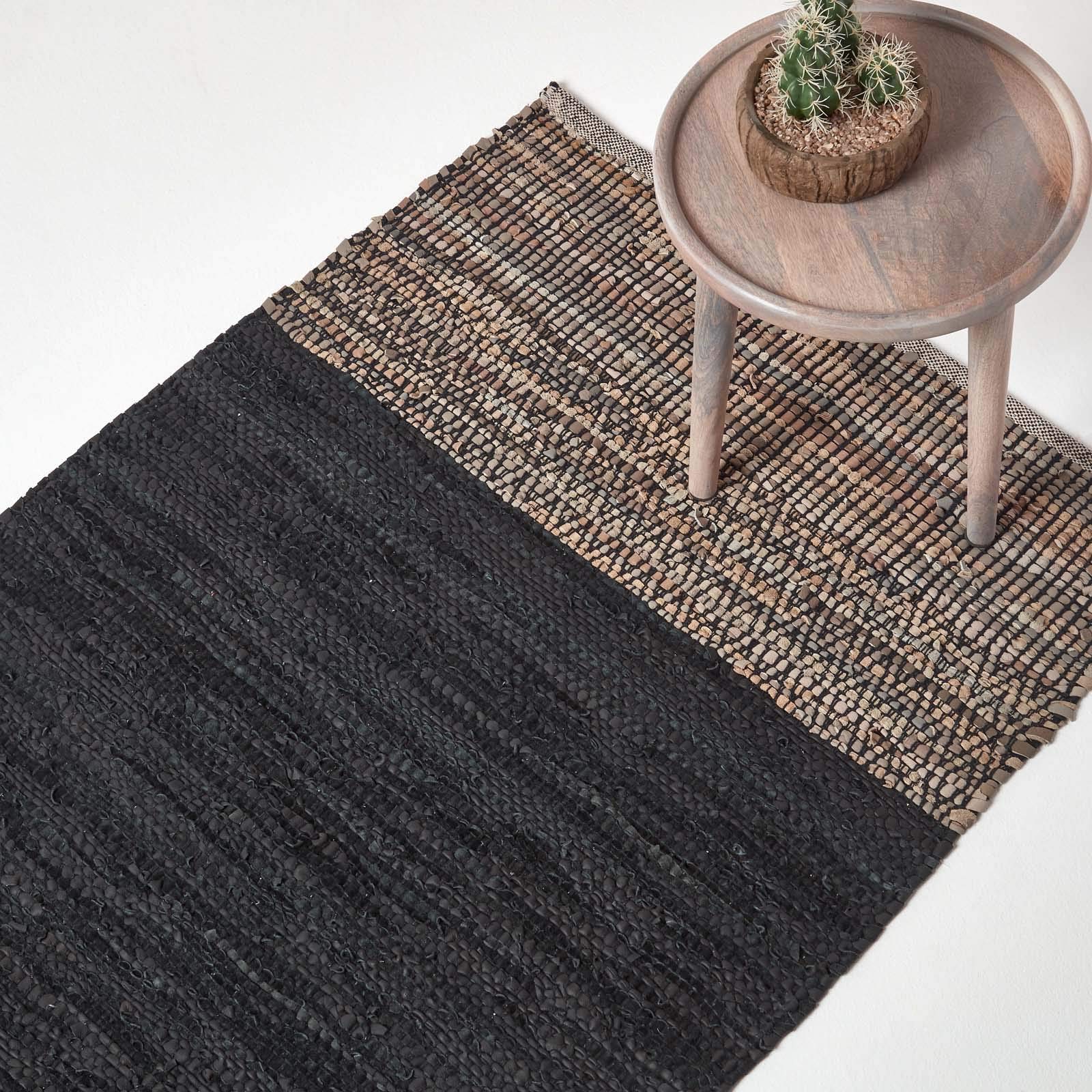 HOMESCAPES Black Genuine Leather Rug Handwoven Herringbone Design Recycled Eco Friendly Real Leather Rug, 90 x 150 cm