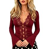 CSDAJIO Women's Long Sleeve Lace Tops for Women Deep V Neck Button Up Open Front Sexy Going Out Slim Fit Shirt