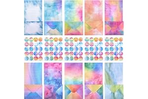 Swpeet 200Pcs 10 Designs Watercolor Stationery Set, Including 50pcs Watercolor Lined Stationery Paper, 50pcs Envelopes and 10