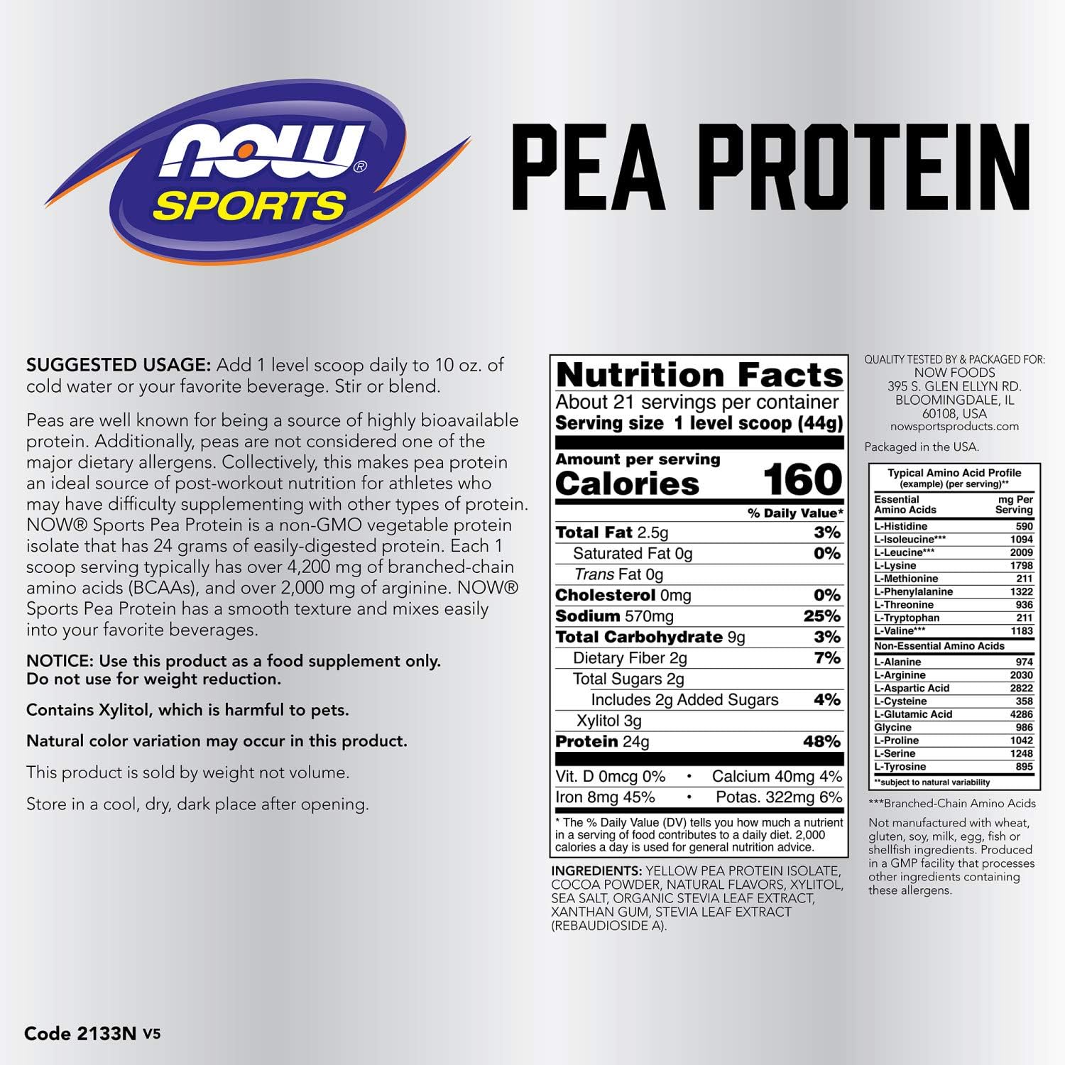 NOW Sports Nutrition, Pea Protein 24 G, Easily Digested, Creamy Chocolate Powder, 2-Pound: Health & Personal Care
