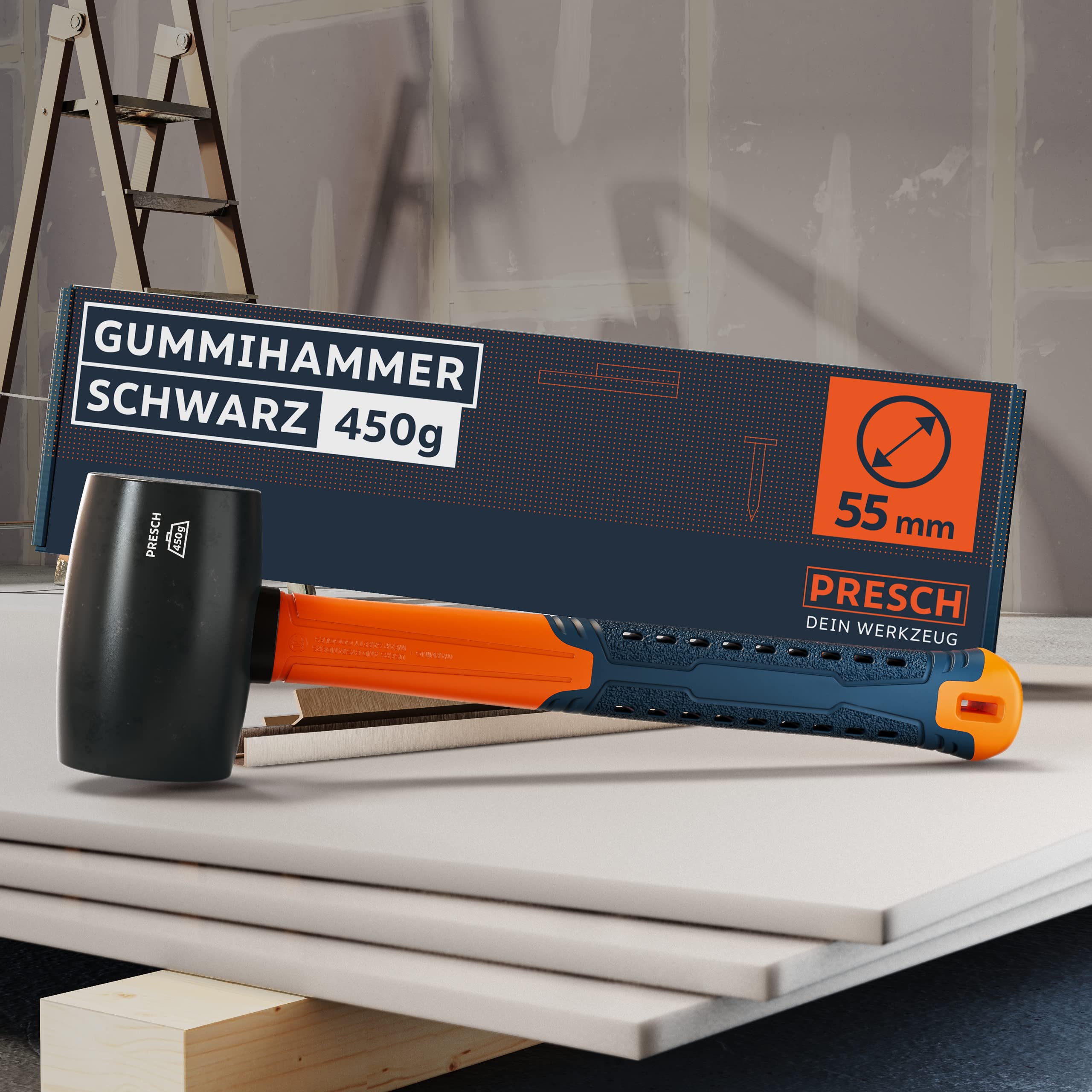 PRESCH Gummihammer Schwarz 450g - Hartgummihammer mit Fiberglasstiel | ⌀=55mm - Schwarzer Naturkautschuk für Outdoor - Langlebiger Schonhammer für Outdoor, Camping, Steine uvm. 8