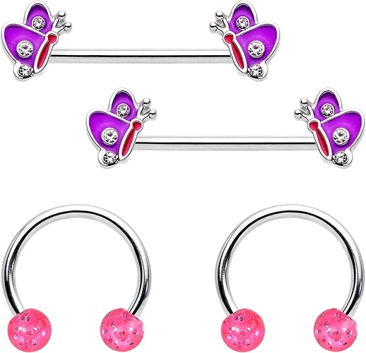 Amazon Body Candy レディース 4ピース 14g ニップリング ピアス スチール パープル バタフライ 蹄鉄 ニップル リングセット 3 4インチ 1 2インチ ボディピアス 通販