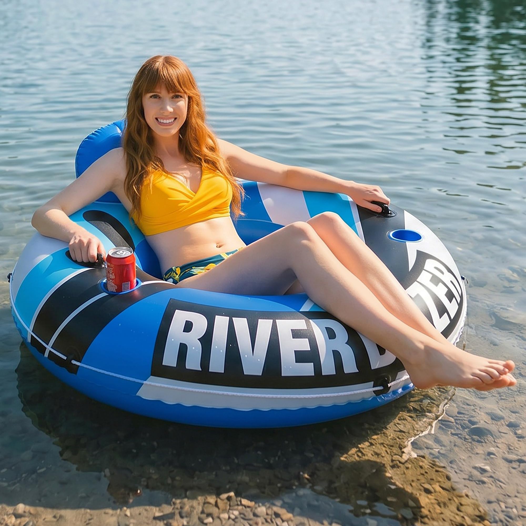 Sunlite Sports Inflatable River Tube Float - Heavy Duty River Float Pool Floats Lake Premium Water Tubes for Floating Recreational River Raft Lounge Floaties with 2 Cup Holders