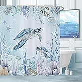 Caheansi Sea Turtle Shower Curtain, Teal Blue Ocean Beach Coastal Turtle Starfish Jellyfish Underwater Creatures Bathroom Curtain Waterproof Fabric Machine Washable with Hooks, 72" Wx72 L