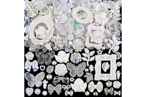kikonoke 350 Pieces 3D Resin Rose Flower Bows Butterfly Embellishments Angel Charms Picture Frame with Flatback Pearl Beads for Craft DIY Making Supplies (White)