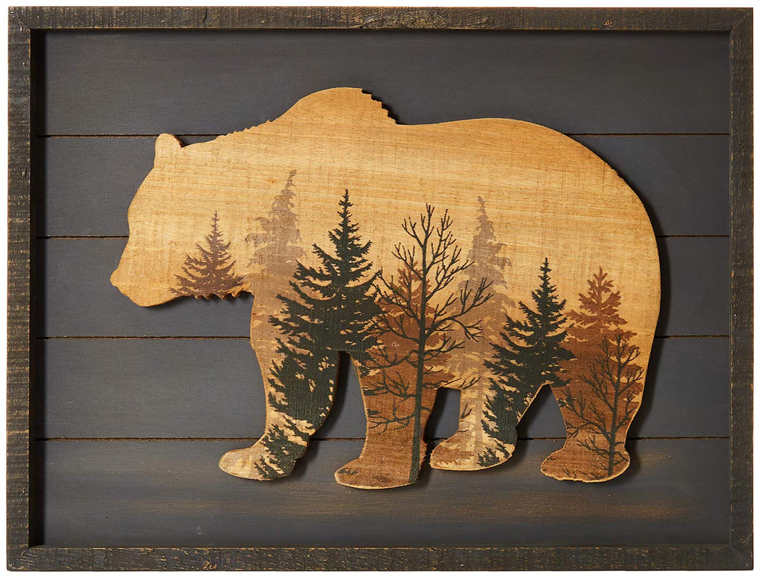 NIKKY HOME Cute Bear in The Forest Decorative Wood Framed Wall Art Prints Cabin Decor, 16" x 12", Gray