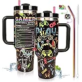 jvycjlu Gifts for Gamer Men & Boys, Gaming Tumbler with Handle, Gamer's Insulated Water Bottle, Husband, Boyfriend, Christmas Valentine Gifts, Cup with Straw & Lid, 40oz Travel Mug for Coffee
