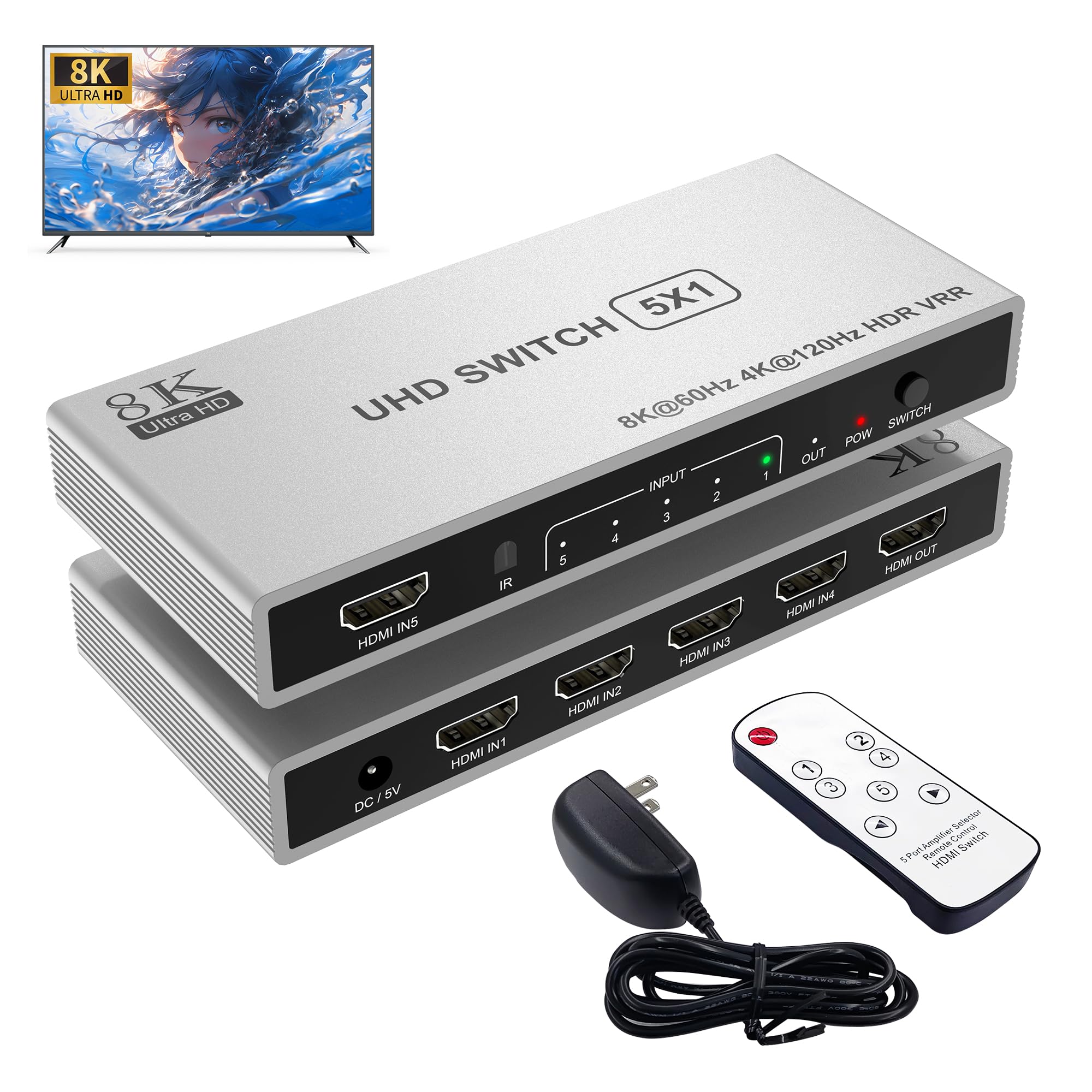 Photo 1 of 5 Port HDMI 8K Switch with Remote HDMI 2.1 Switch HDMI Switcher Splitter 5 in 1 Out - 4K@120Hz/8K@60Hz, 48Gbps, HDR10+, Dolby, HDCP 2.3 CEC VRR, for PS5/PS4, Xbox X, TV