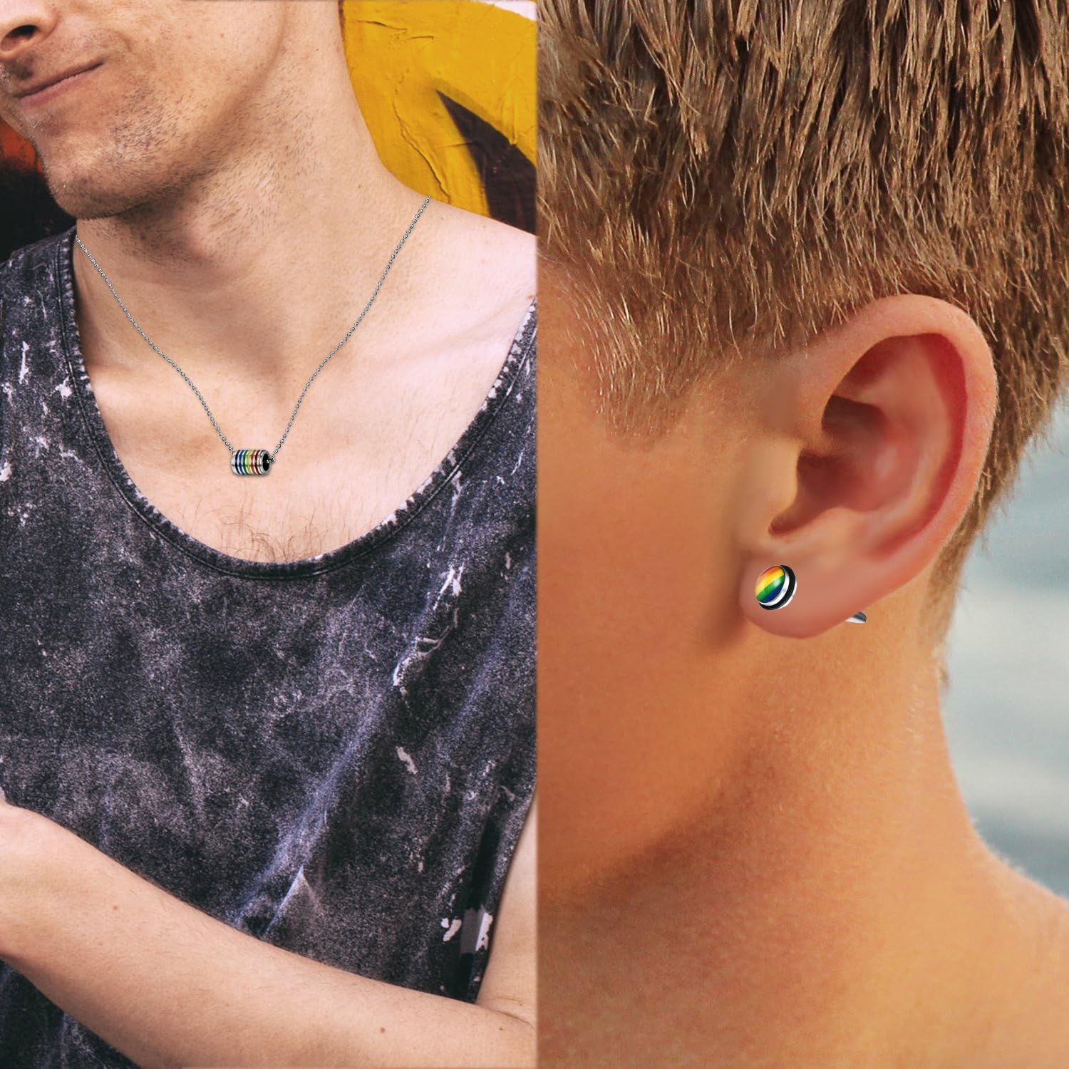 Assorted Gay LGBT Pride Rainbow Pendant Necklace,2pcs 8MM Punk Rock Rivet Earring Studs,Hypoallergenic - Image 5