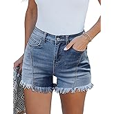 luvamia Jean Shorts for Women Trendy High Waisted Seamed Front Stretchy Denim Shorts Cut Off Frayed Hem Casual Summer