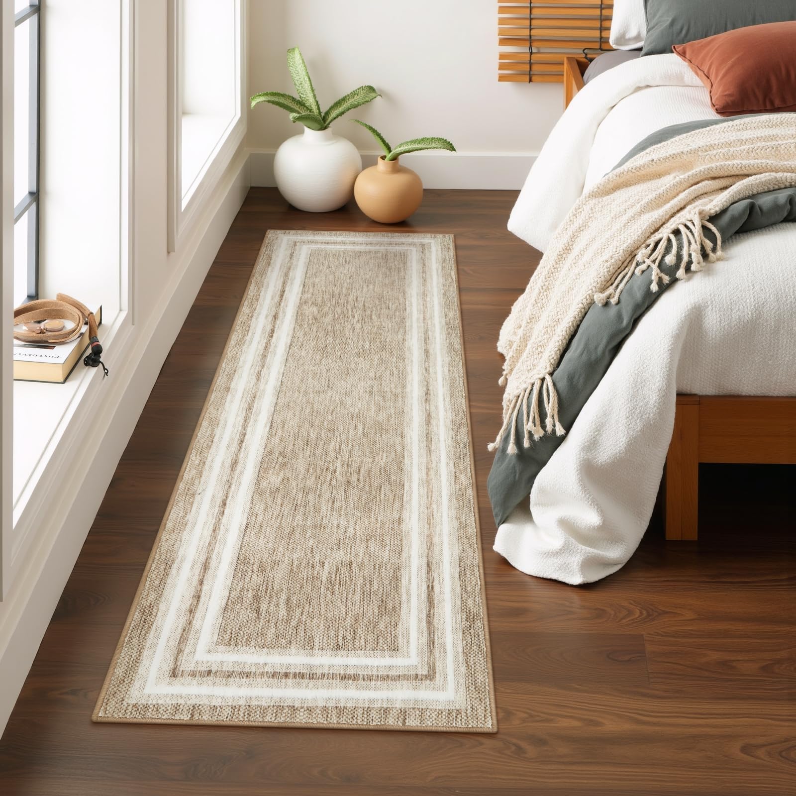 Photo 1 of OJIA Modern Bordered Washable Runner Rug, Printed 2'x6' Non Slip Kitchen Rugs Soft Non-Shedding Carpet Runner for Bathroom Bedroom Entryway Laundry Room