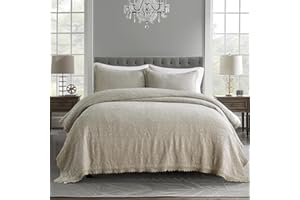HORIMOTE HOME Stone-Washed Cotton Quilt King Size, Beige Jacquard Embossed Quilt Shabby Vintage Farmhouse Bedspread Coverlet with Crochet Edge, Soft Lightweight Bedding Set for All Season, 3 Pieces