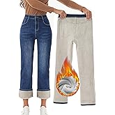 Yehopere Women's Fleece Lined Jeans Straight Leg Wide Jeans Winter Sherpa Flannel Lined Thermal Denim Pants