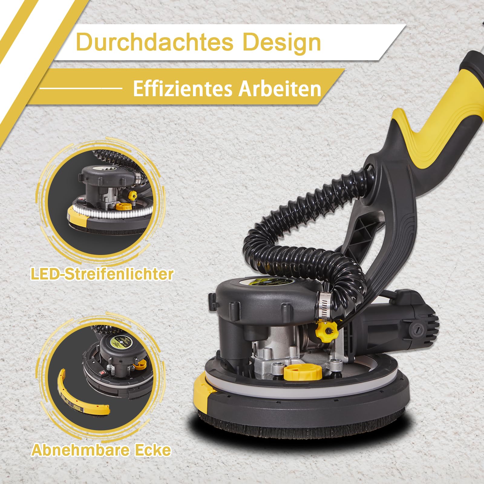 Trockenbauschleifer, 750W Wandschleifer mit Automatischem Vakuumsystem und Ø 214mm Schleifgiraffe inkl Absaugbeutel LED-Licht, 7-Gang Getriebe, 900-1800RPM Deckenschleifer, Faltbarem Griff 4