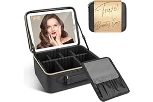 JUSRON Travel Makeup Bag With LED Mirror,Train Case with Light up Mirror, Portable Makeup Artist Organizer Bag with Adjustable Dividers (Black, Large)