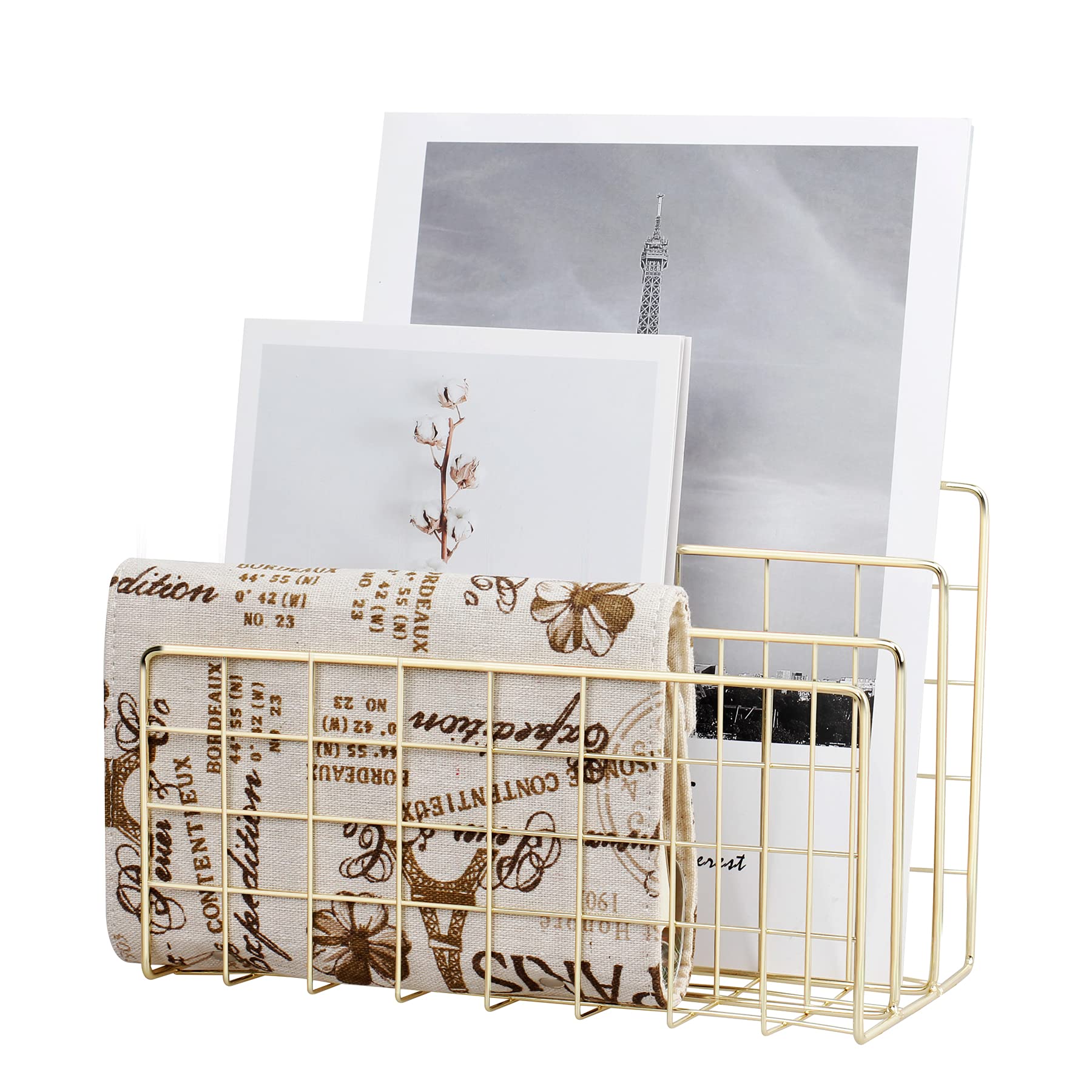 Photo 1 of YiePhiot Desktop Mail Organizer File Organizer Metal Wire Mail Sorter Letter Organizer Magazine Rack for Letters, Mails, Books, Postcards, Brochures, Mail Holder (3 Slot, Gold)