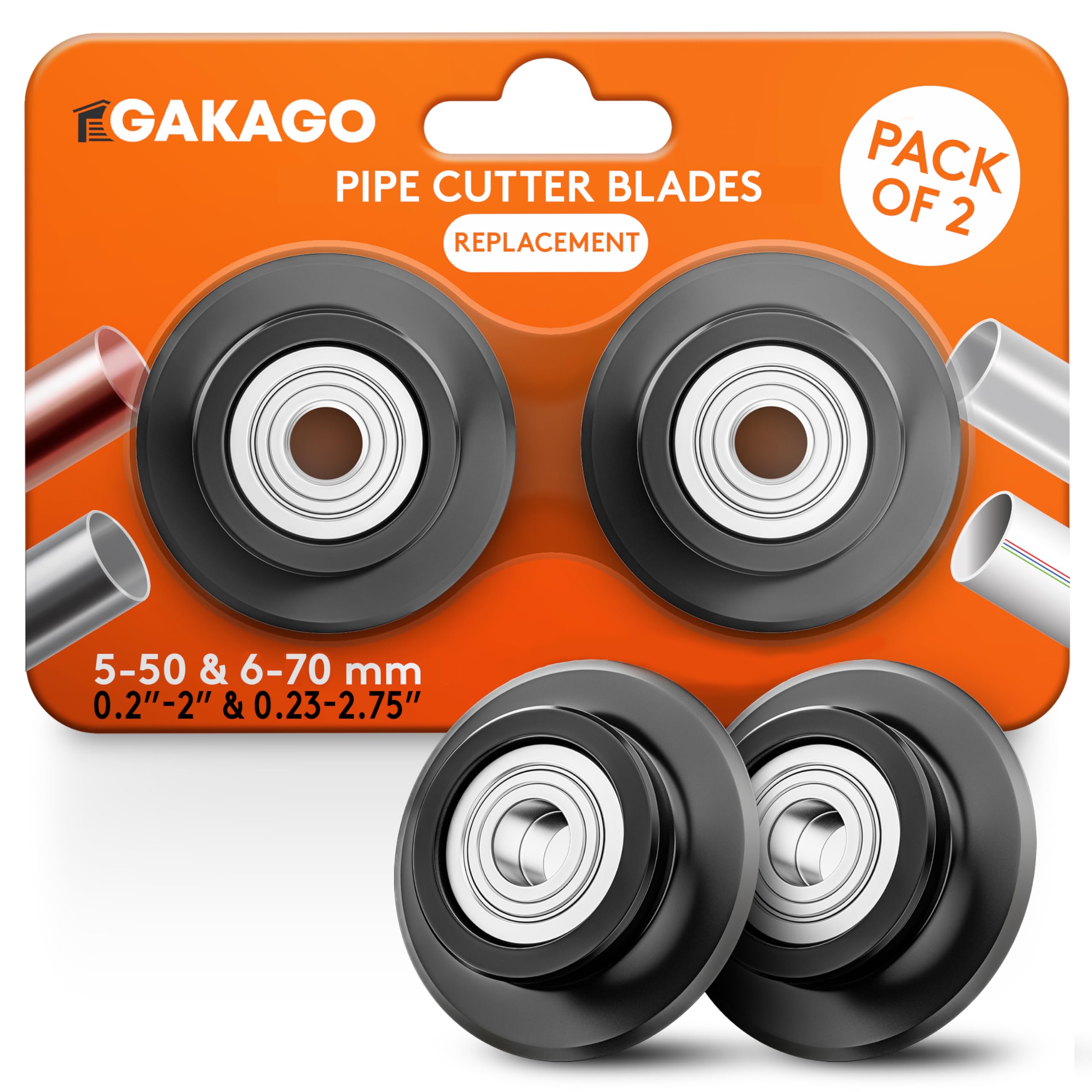 Gakago Pipe Cutter Replacement Blades for 5-50mm/0.1-2" and 6-70mm/0.1-2.75" (Pack of 2) - for All Common Metals Such as Stainless Steel, Copper, Aluminium, Steel or Plastic (e.g. PVC & PE)