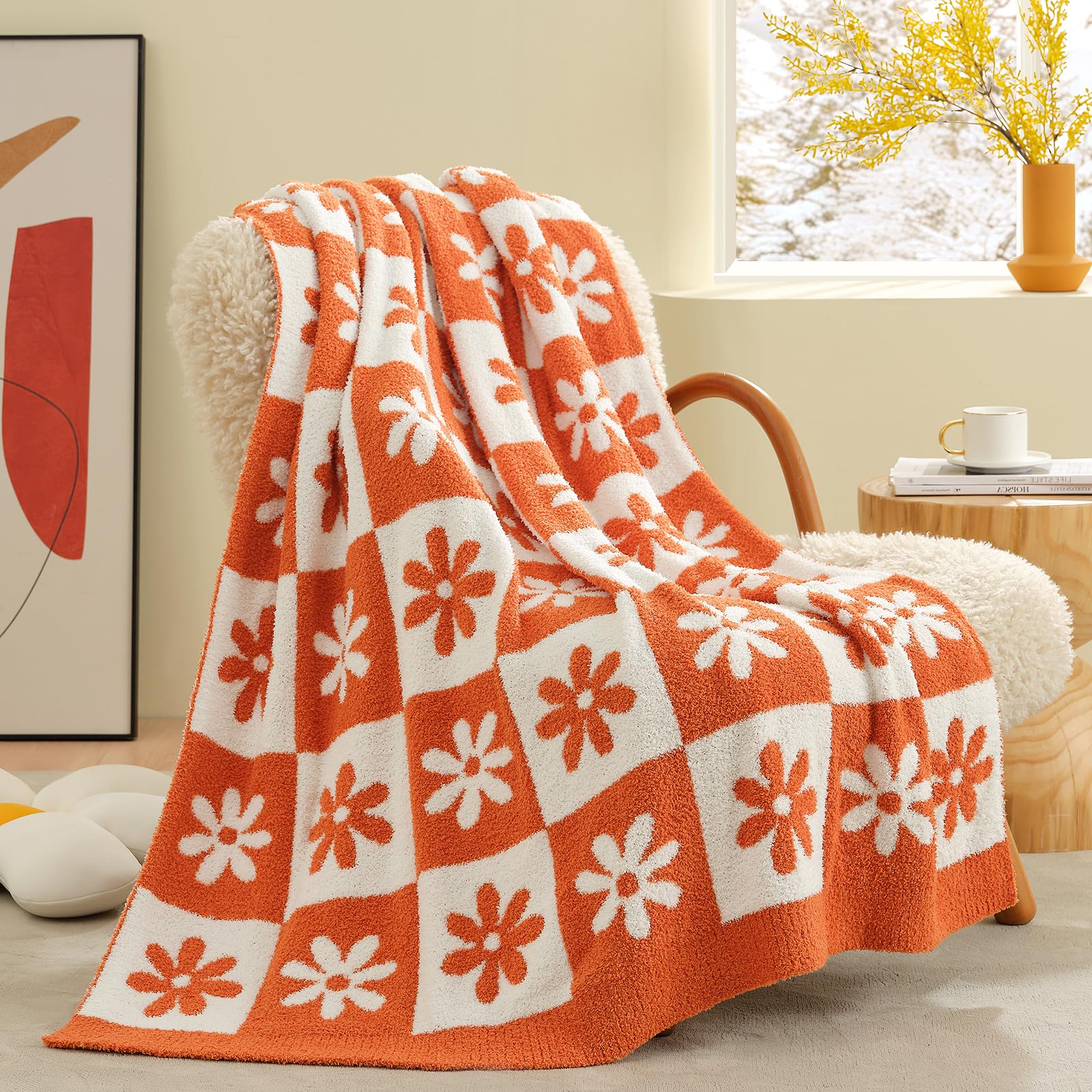 Snuggle Sac Fall Checkered Blanket, Orange Flower Throw Blanket for Couch Plaid Microfiber Fluffy Warm Cozy Fuzzy Soft Throw Blanket Reversible Checkerered Blankets for Sofa, Chair, Bed, 50x60 inches Image